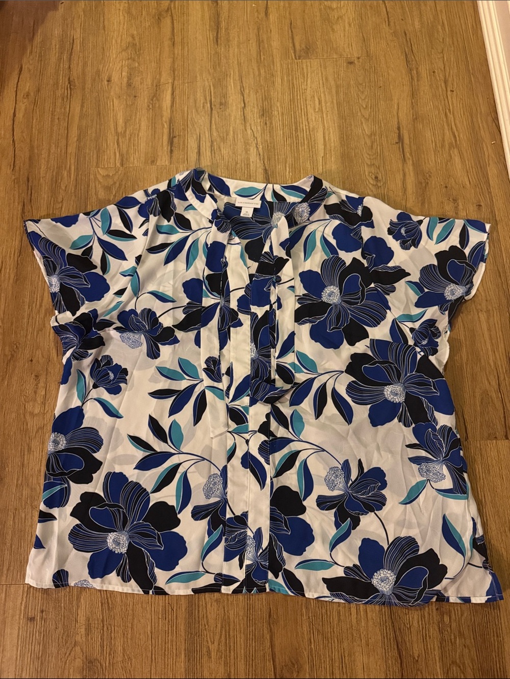 Liz Claiborne White Blouse with Blue Floral Print